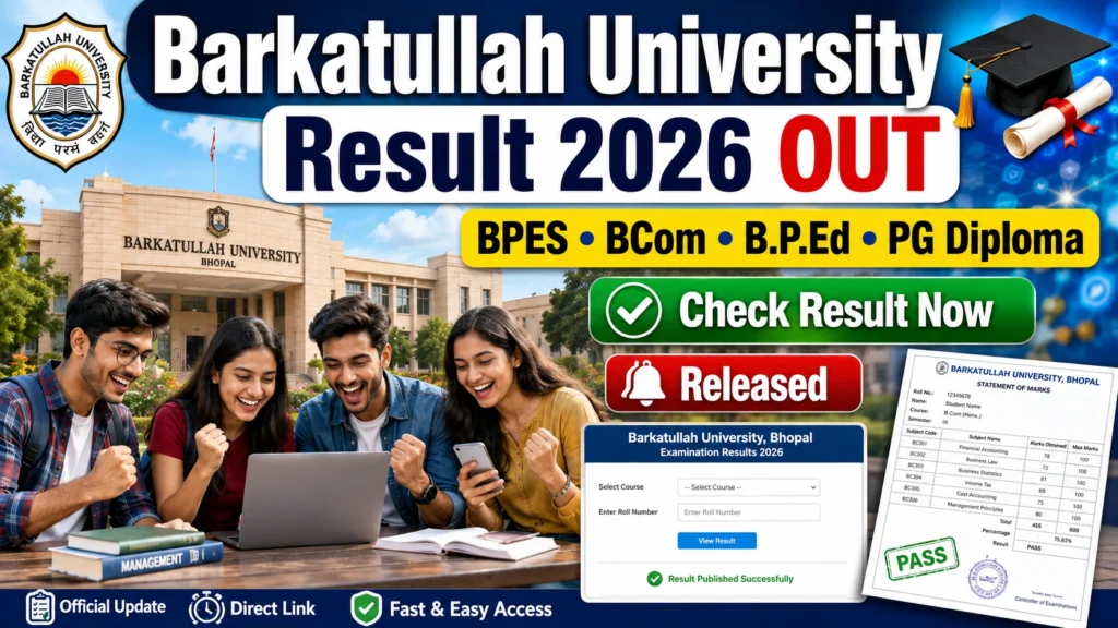 Barkatullah University Result 2026 Released for BPES, BCom Hons UTD, B.P.Ed & PG Diploma Courses